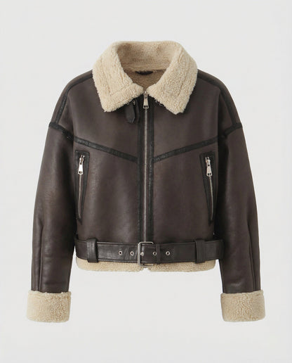 Damen Lederjacke Lang Teddyfutter Gürtel