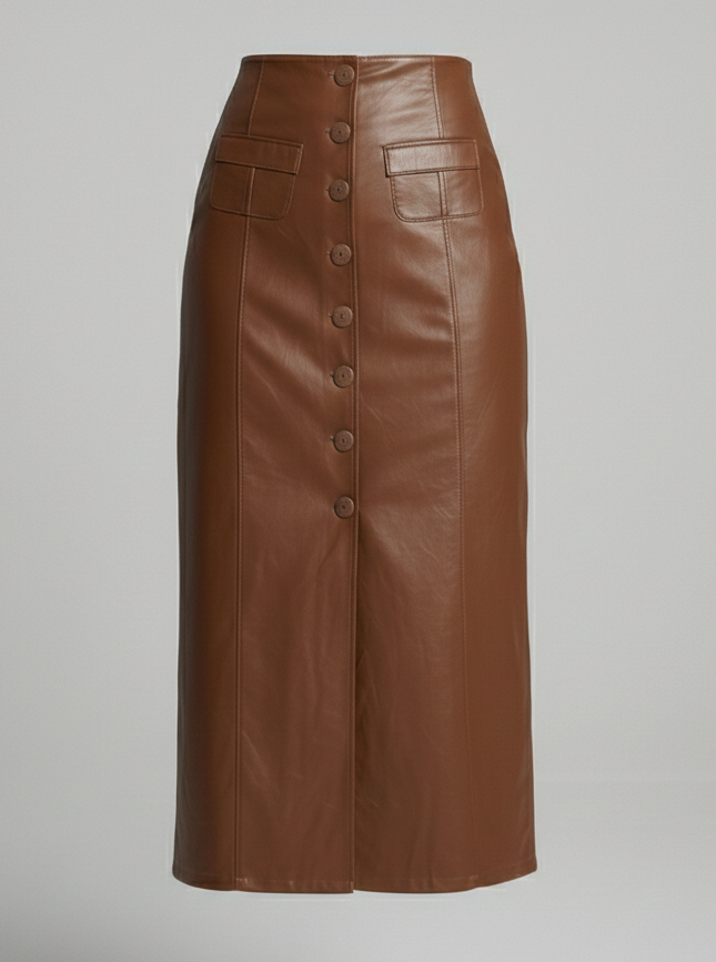 Damen Lederrock Lang Knöpfe Elegent