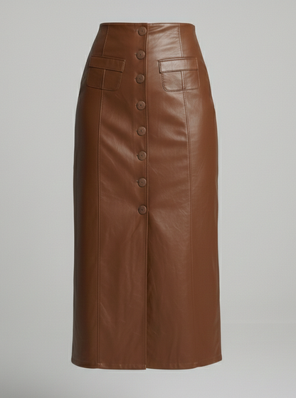 Damen Lederrock Lang Knöpfe Elegent