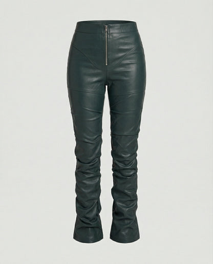 Damen High-Waist-Hose Kunstleder Weites Bein