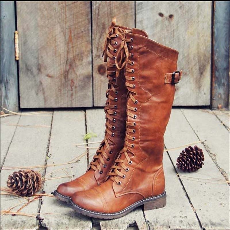Damen Reitstiefel Hohe Schnürstiefel Schwarz - Norvielle