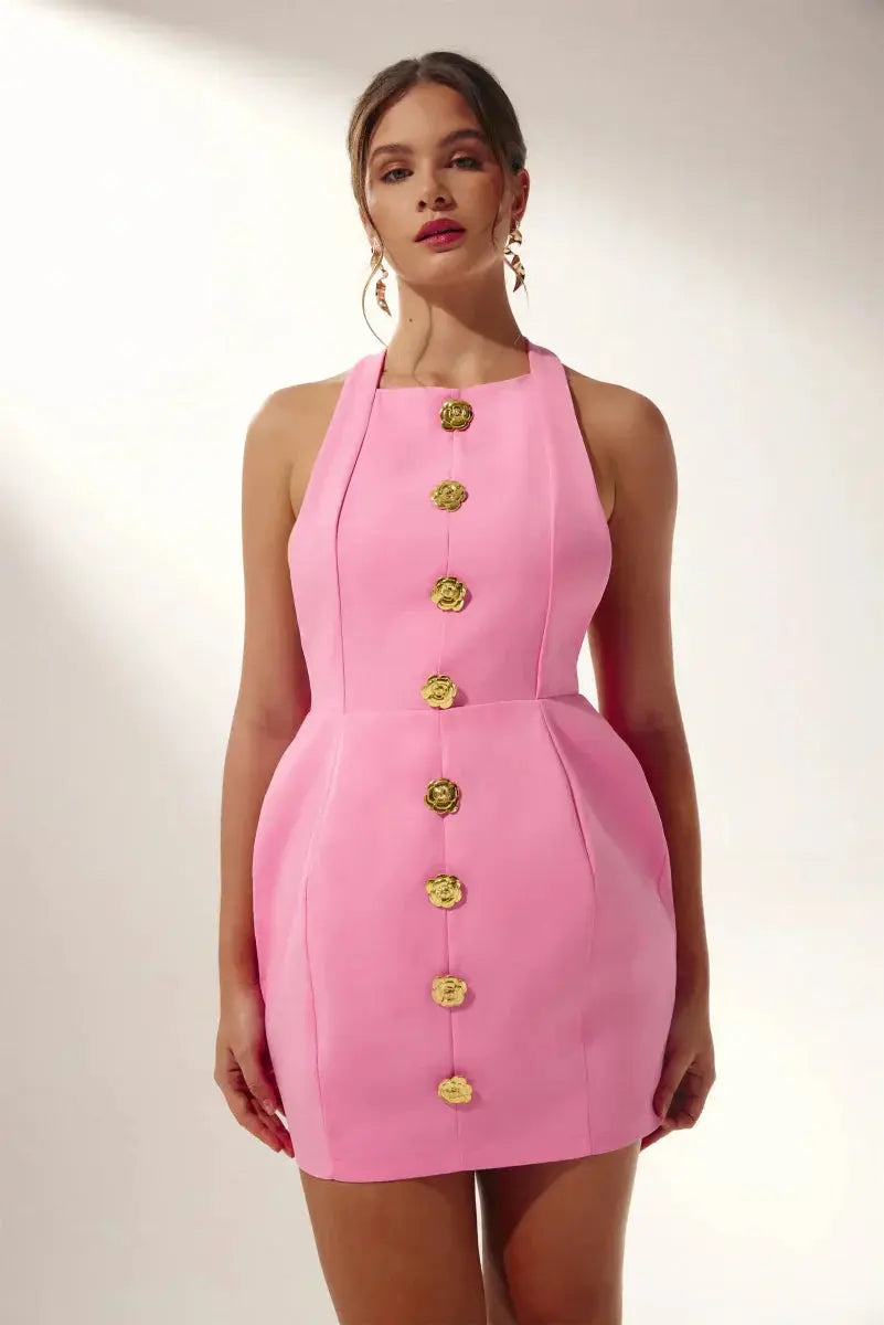 Damen Halterneck Minikleid Goldknöpfe Sommerkleid - Norvielle