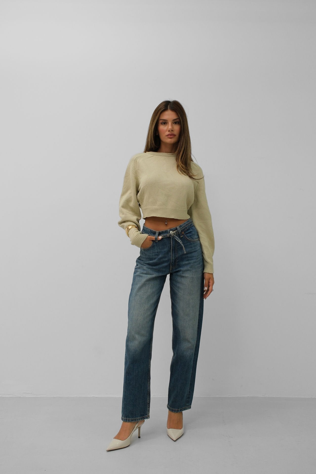 Damen Crop Beige Raglan Ärmel - Norvielle