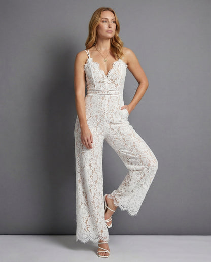 Damen Jumpsuit Spitze Tiefdekolleté Weites Bein Eleganz - Norvielle
