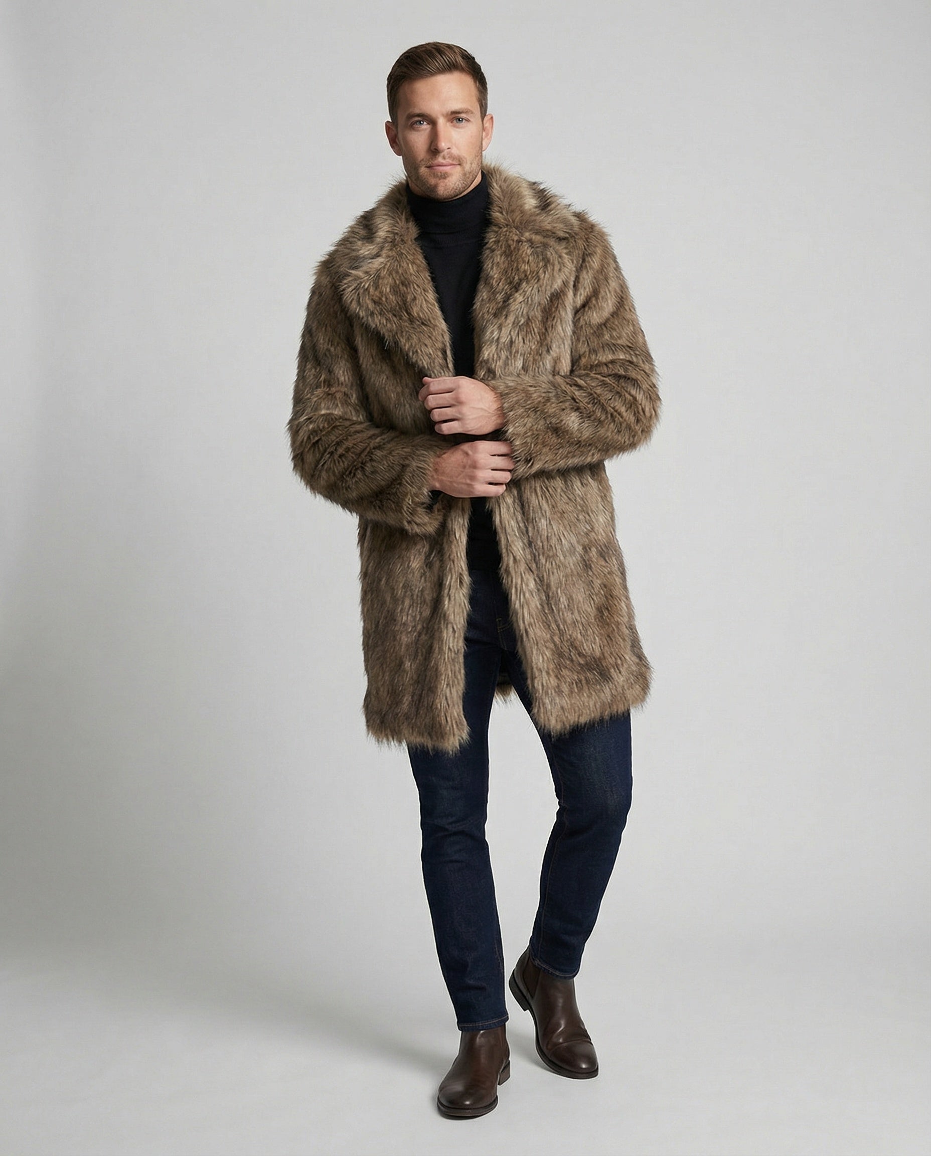 Herren Kurzmantel Kunstfell Elegant Revers Schwarz - Norvielle