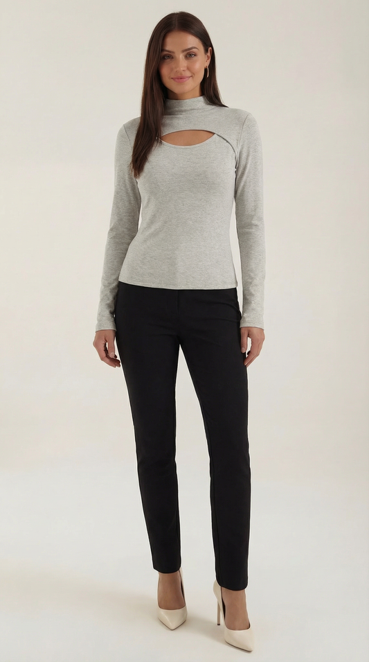 Elegantes Damen Langarm-Strickoberteil mit Cutout-Details - Norvielle
