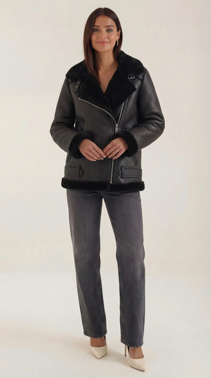 Damen Fleecejacke Warm Gürtel Schwarz - Norvielle