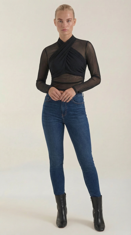 Damen Mesh-Oberteil Transparent Wickel- - Norvielle