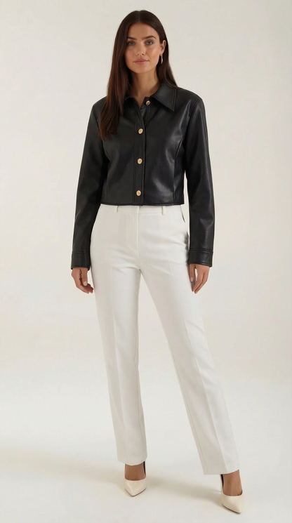 Damen Cropped Lederjacke Kunstleder Schwarz - Norvielle