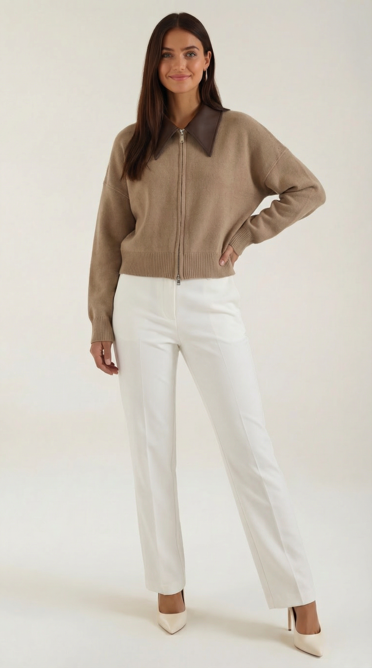 Damen Strickjacke Kragen Braun - Norvielle