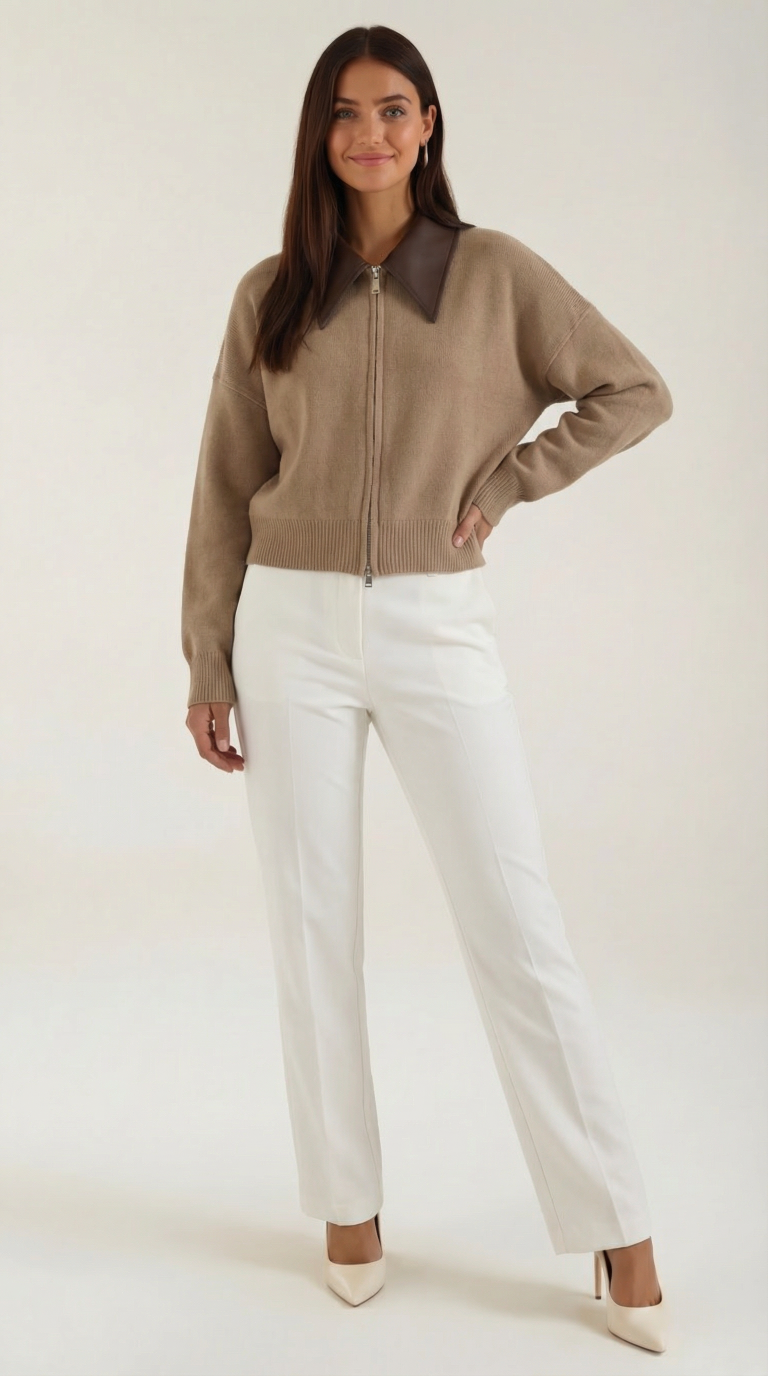 Damen Strickjacke Kragen Braun - Norvielle