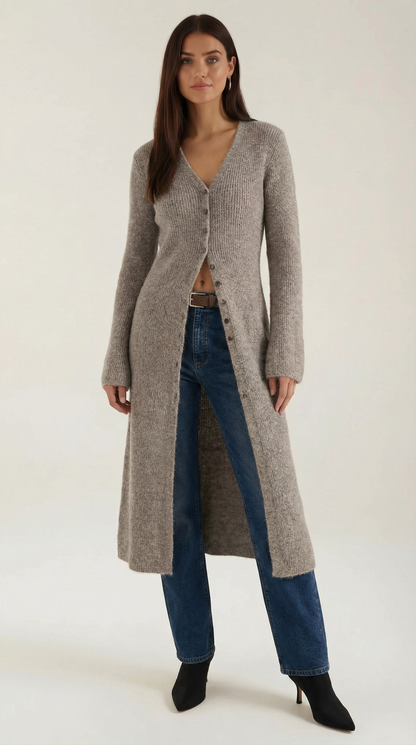 Damen Maxi Cardigan V-Ausschnitt Gerippt Groß - Norvielle