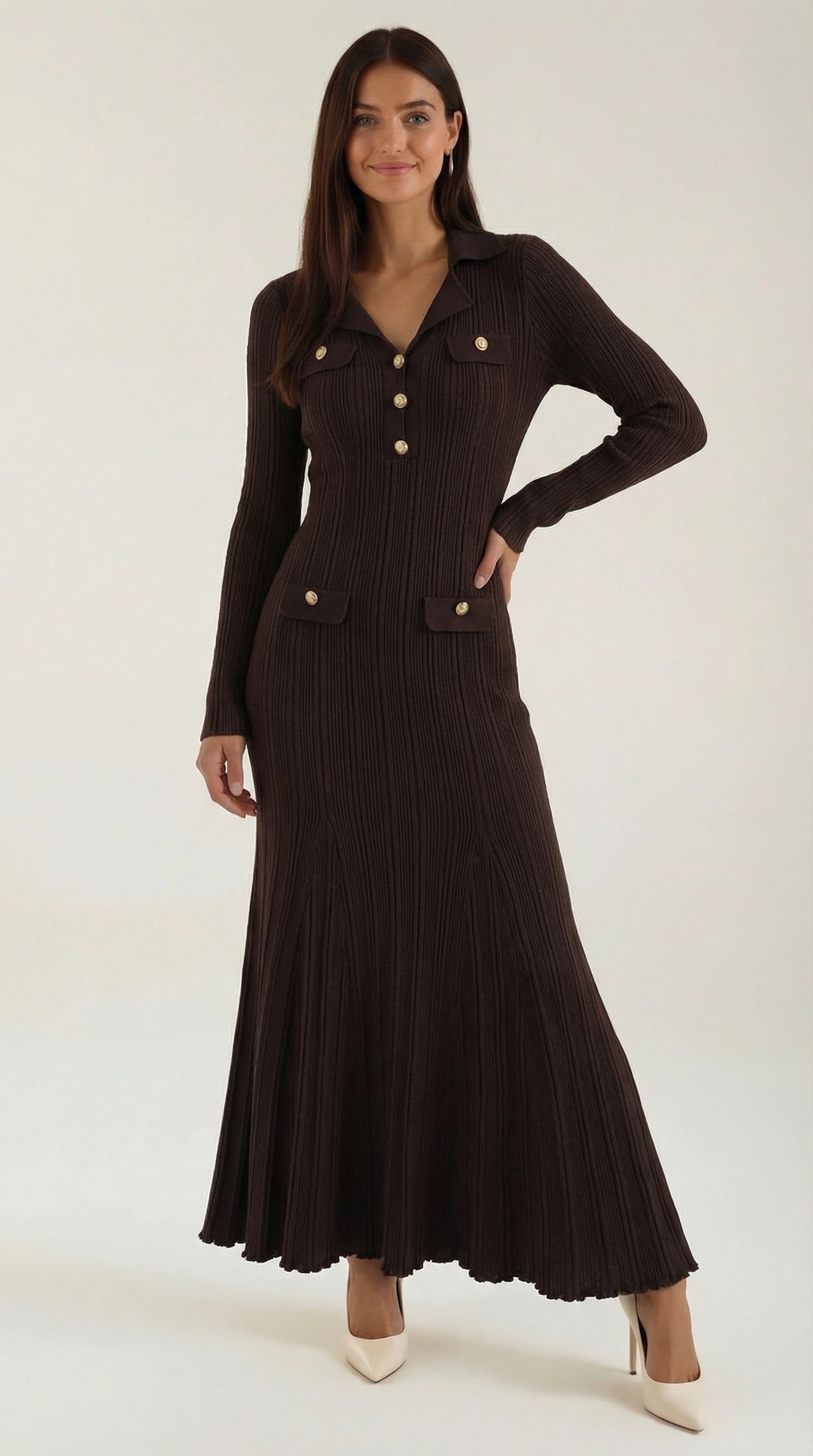 Damen Langarm Maxikleid Strick Elegantes Schwarz - Norvielle