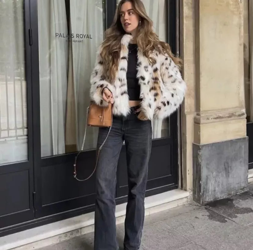 Damen Winterjacke Leopardenmuster Kunstfell