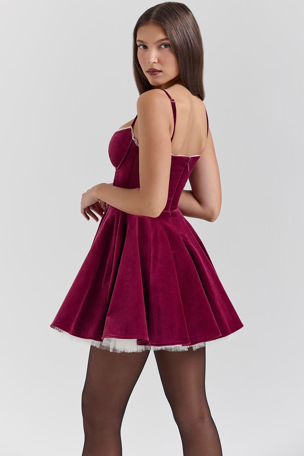 Samt Damen Minikleid Spaghettiträger Ausgestellter Rock