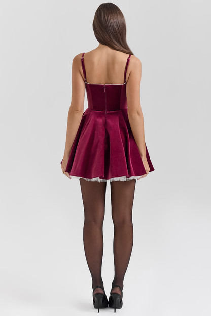 Samt Damen Minikleid Spaghettiträger Ausgestellter Rock