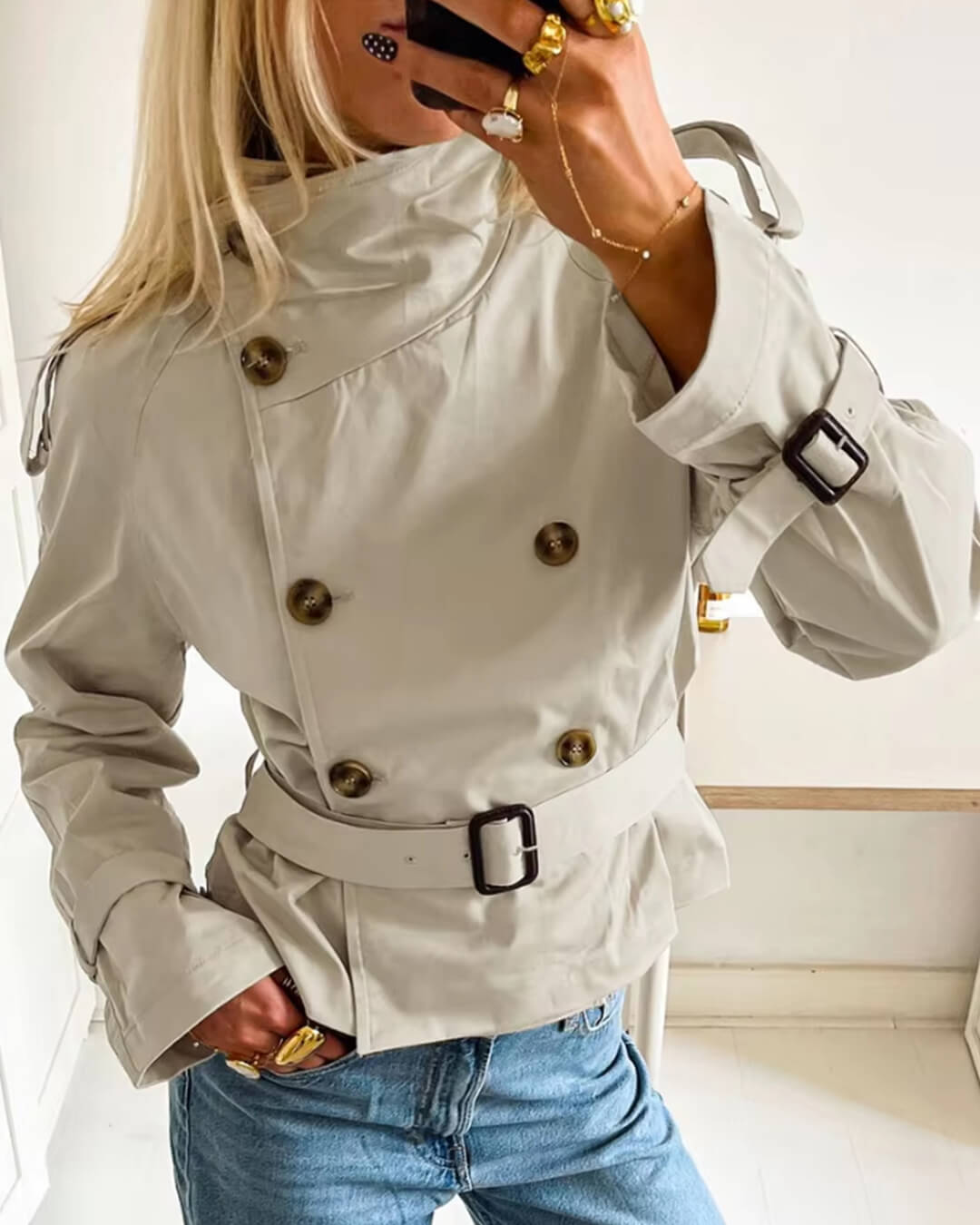 Damen Trenchcoat Kurzmantel Wasserabweisend Beige - Norvielle