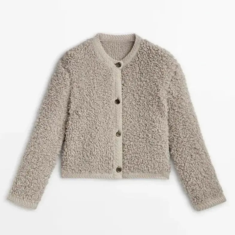 Damen Teddy-Cardigan Weiches Teddyfell Warm Beige - Norvielle