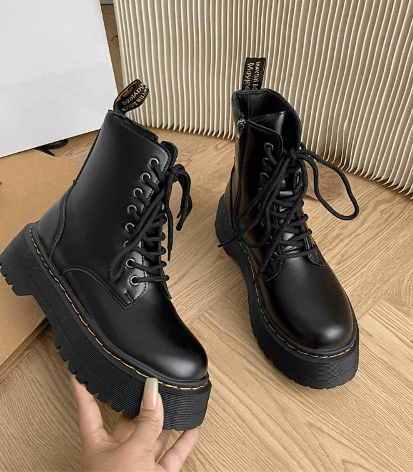 Damen Plateaustiefel Leder Hochzeitsschuhe Schwarz - Norvielle