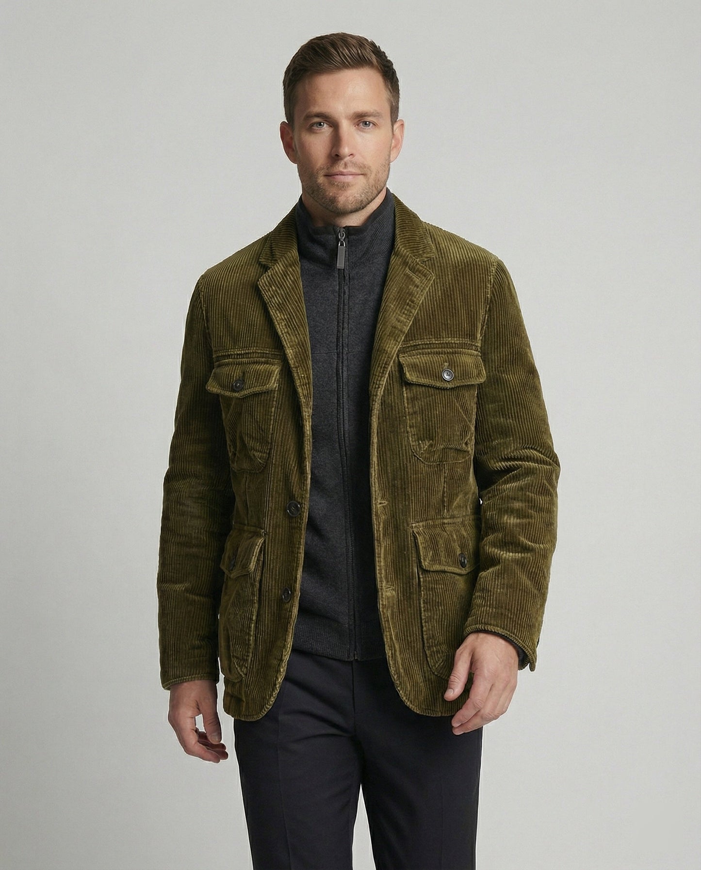 Herren Cordjacke Reißverschluss Vieltaschen Modern Braun - Norvielle
