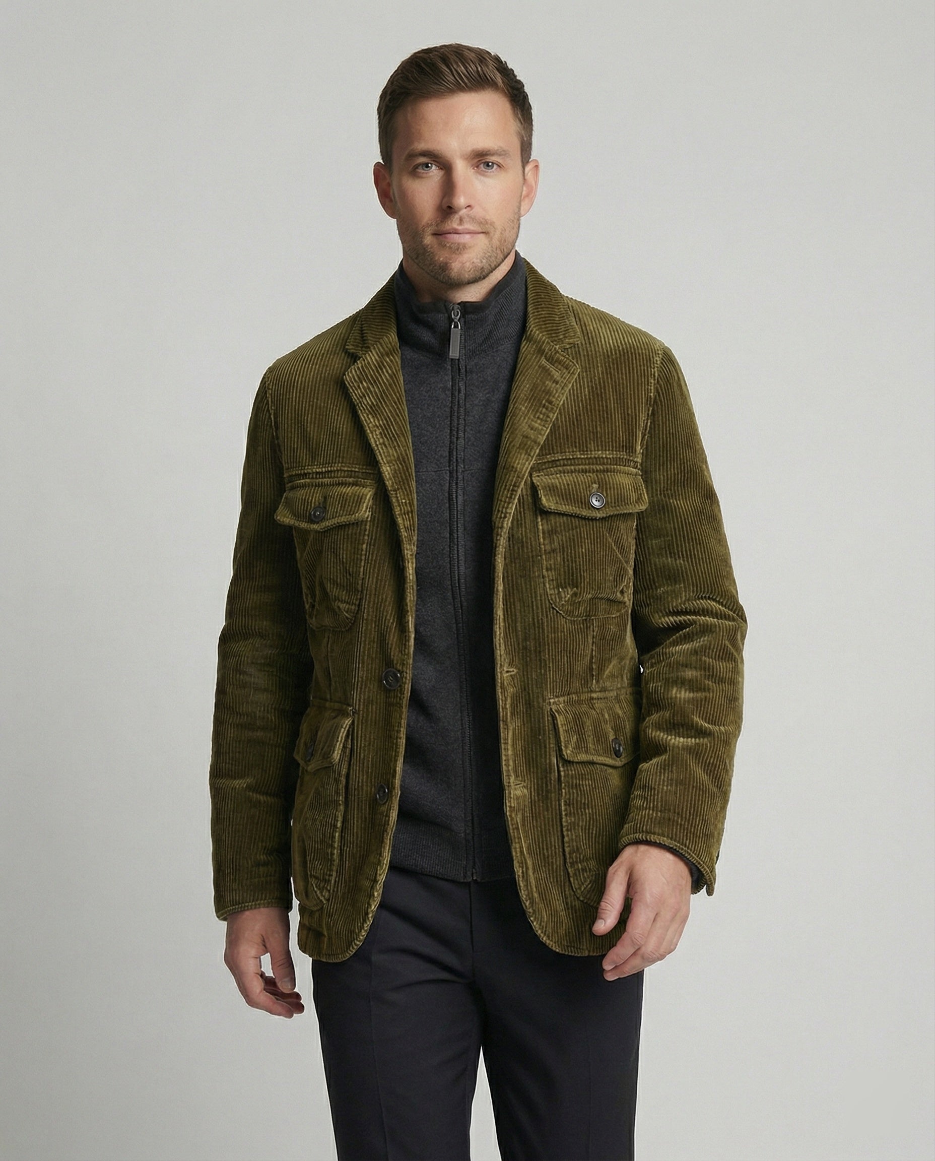 Herren Cordjacke Reißverschluss Vieltaschen Modern Braun - Norvielle
