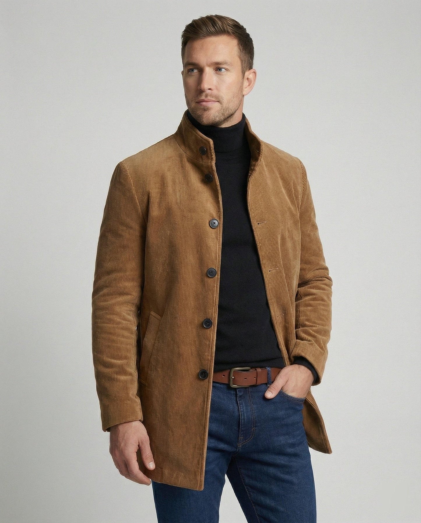 Herren Cordjacke Hochkragen Warm Oliven