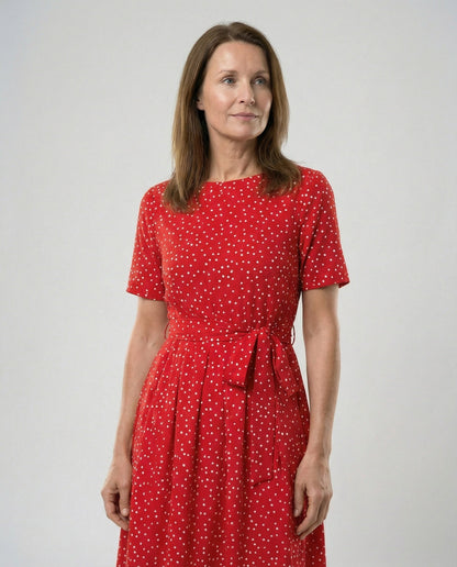 Damen Midi-Kleid mit Punkten und Taillengürtel Elegant