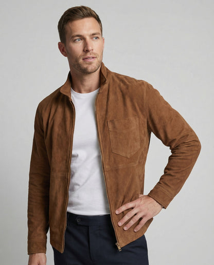 Herren Wildlederjacke Stehkragen Elegant Leder Schwarz - Norvielle