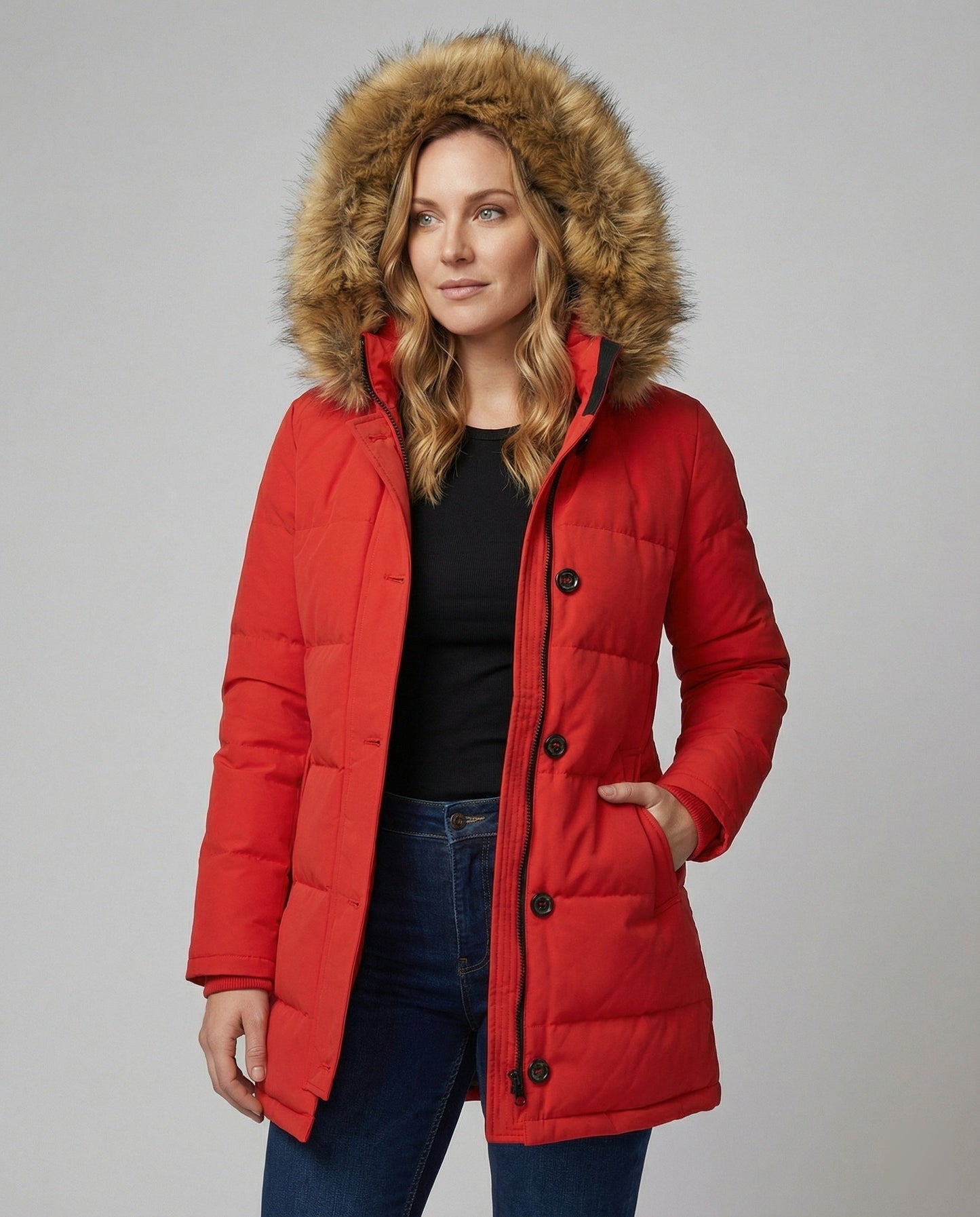 Damen Winterparka Slim Fit Kunstfell Kapuze - Norvielle
