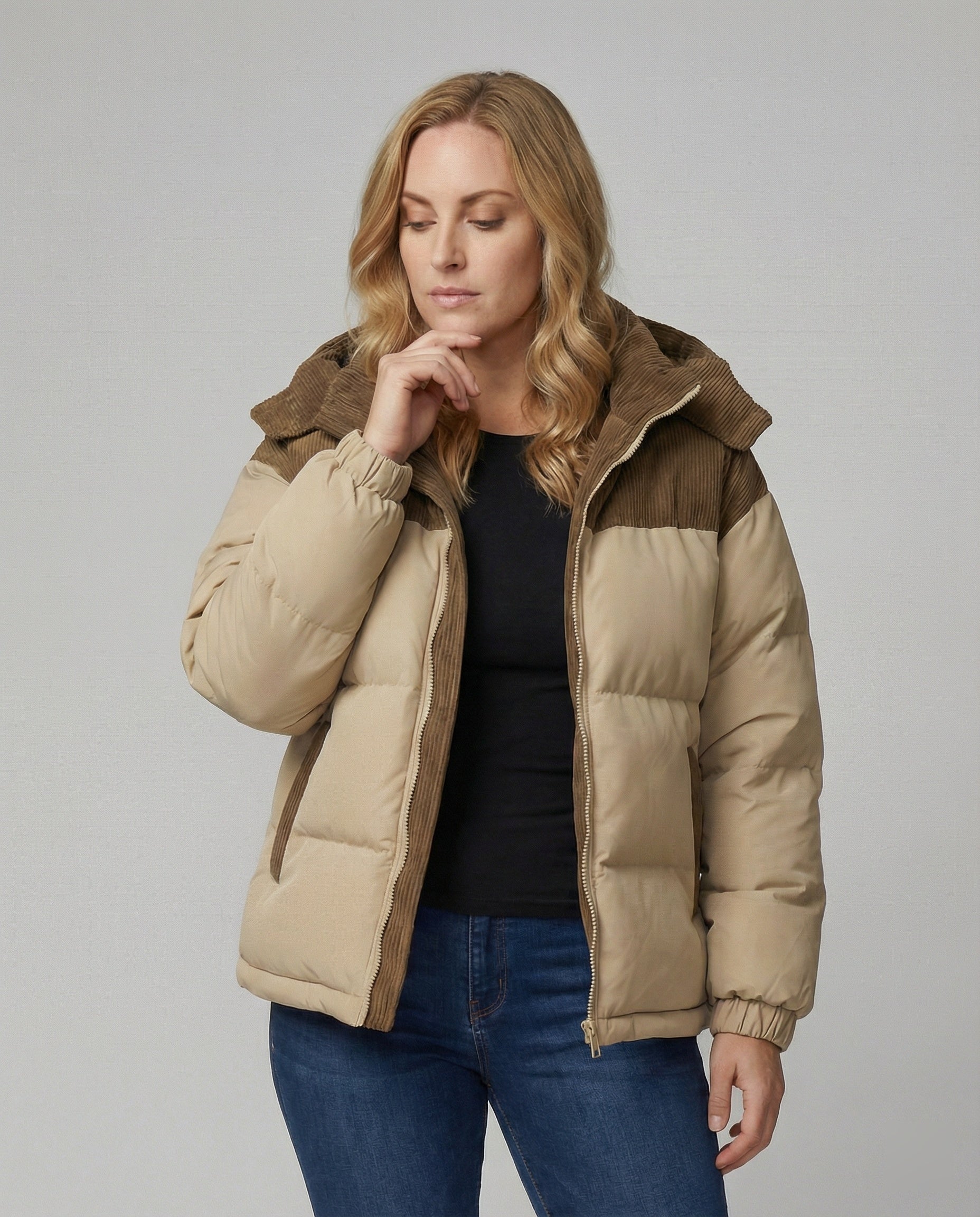 Modische Damen Kapuzenjacke Puffärmel Farbblock Design - Norvielle