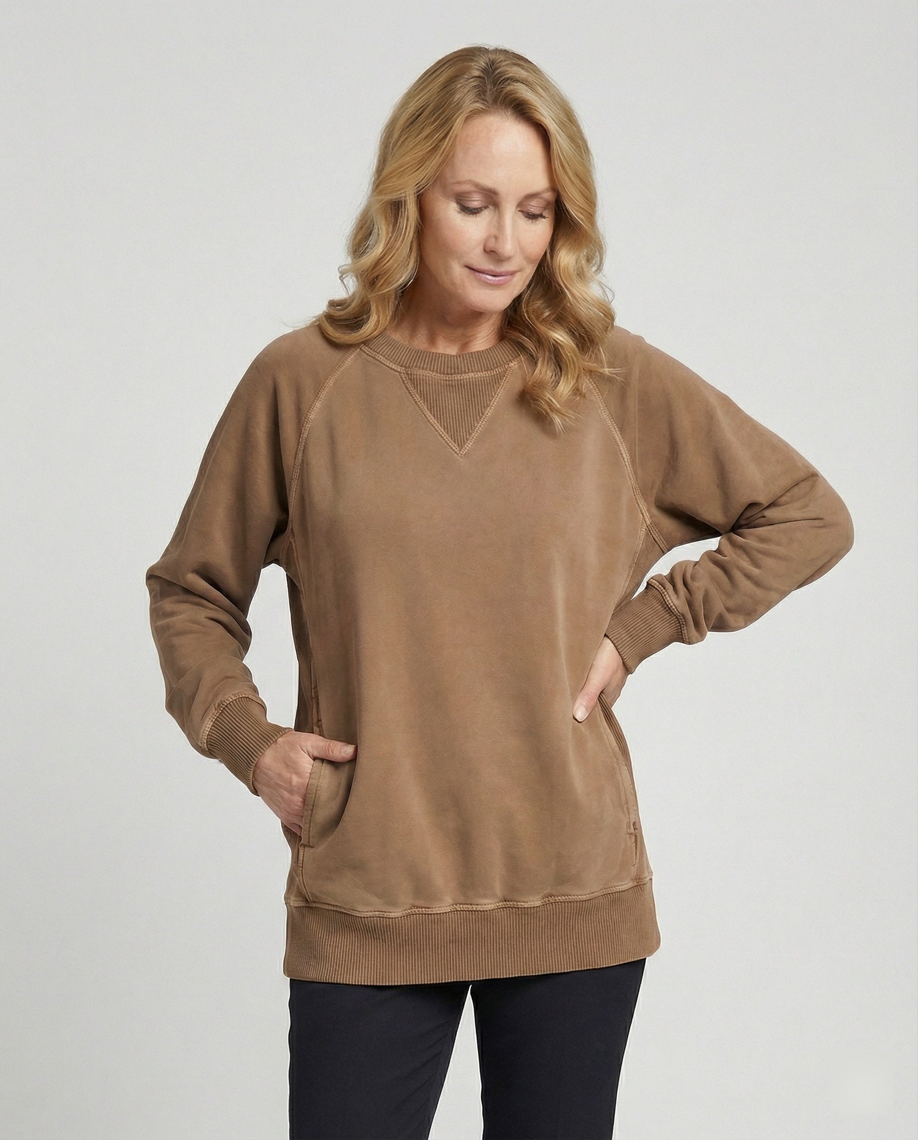 Kaschmir Sweatshirt Damen V-Ausschnitt Bequem Grau - Norvielle