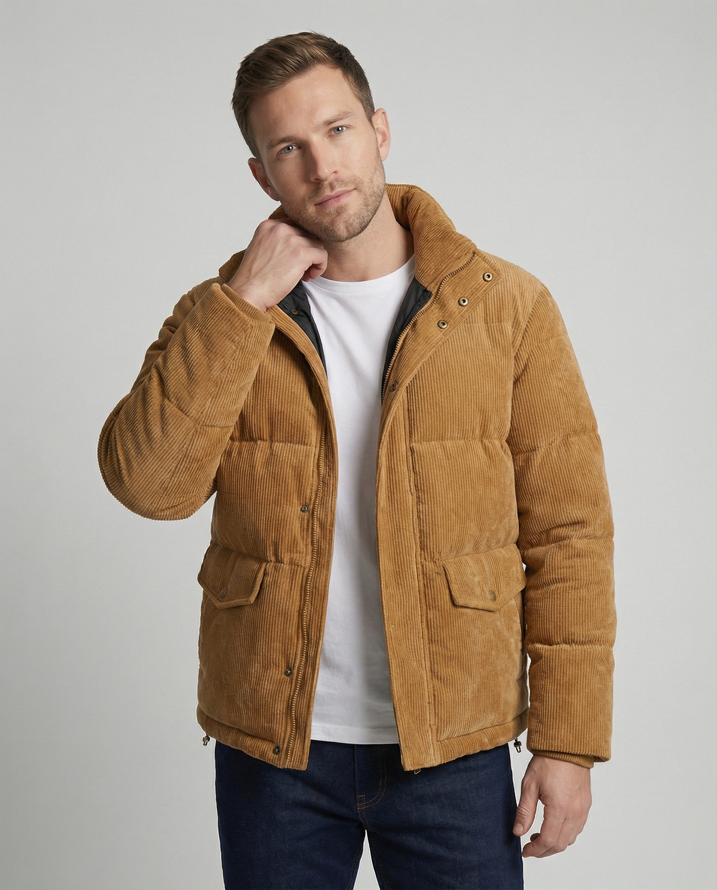 Herren Steppjacke Warm Cord Winterjacke Braun