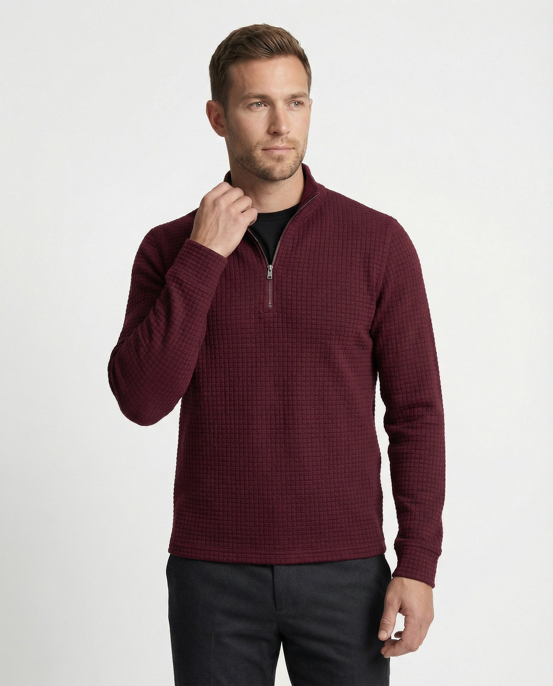 Herren Langarmshirt Stehkragen Reißverschluss Elegant Schwarz - Norvielle