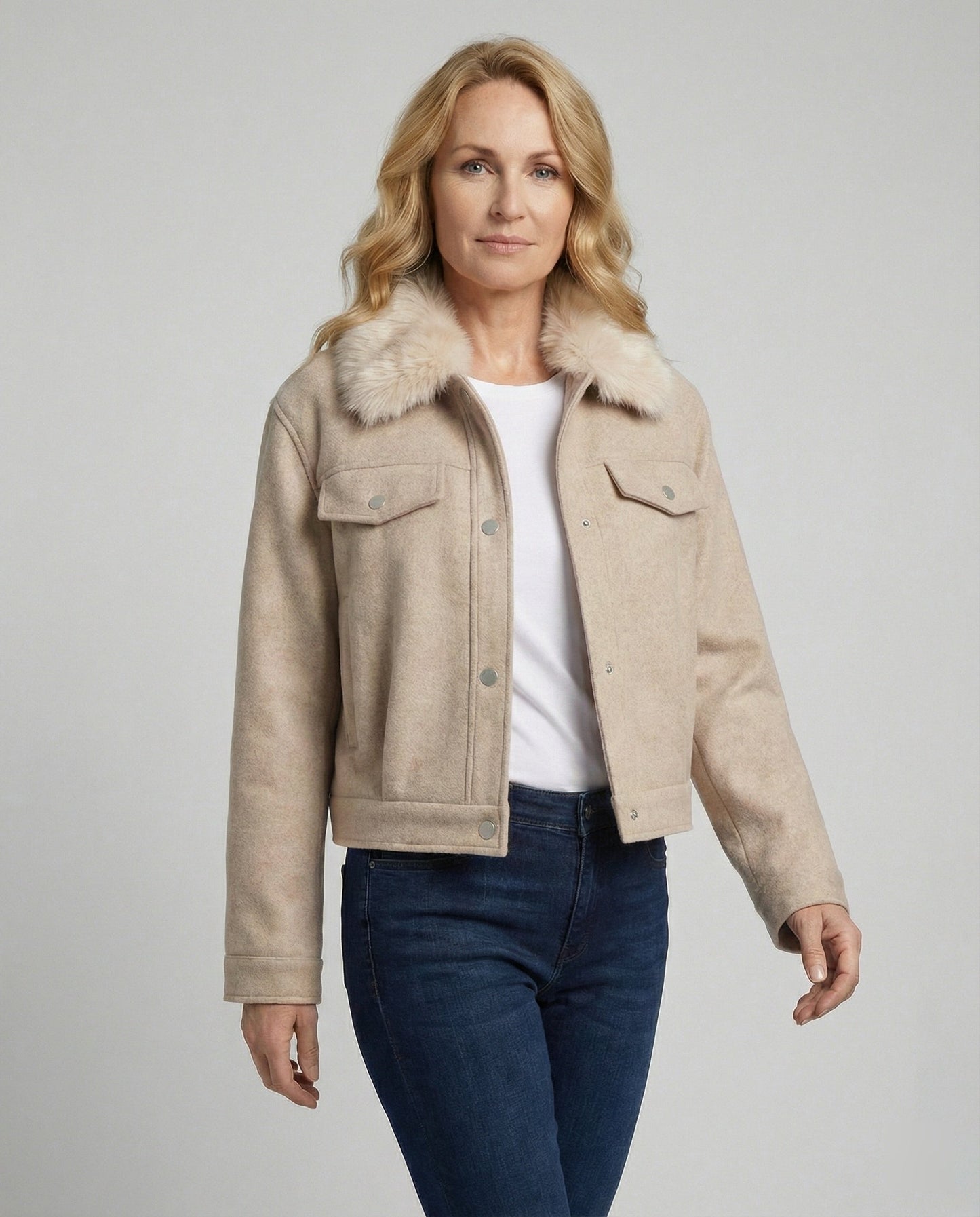 Damen Wolljacke mit Kunstfellkragen Warm