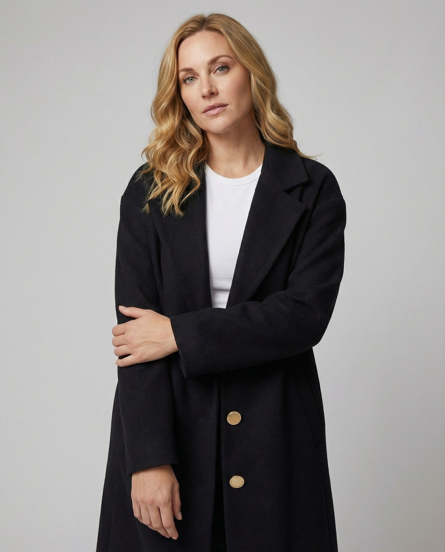 Damen Wollmantel Oversized Elegant mit Knöpfen Schwarz Winter - Norvielle