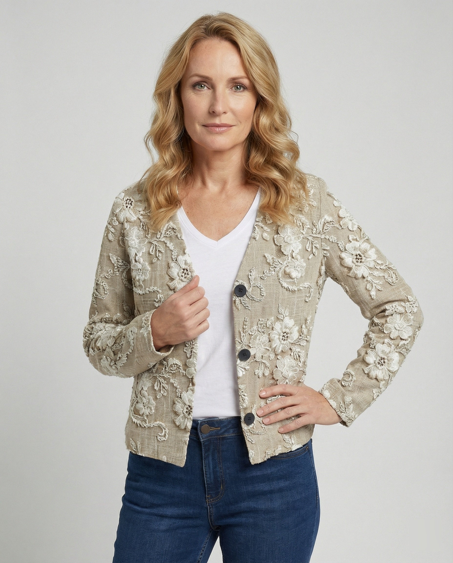 Damen Cardigan Spitze Knopfverschluss Romantisch Beige - Norvielle