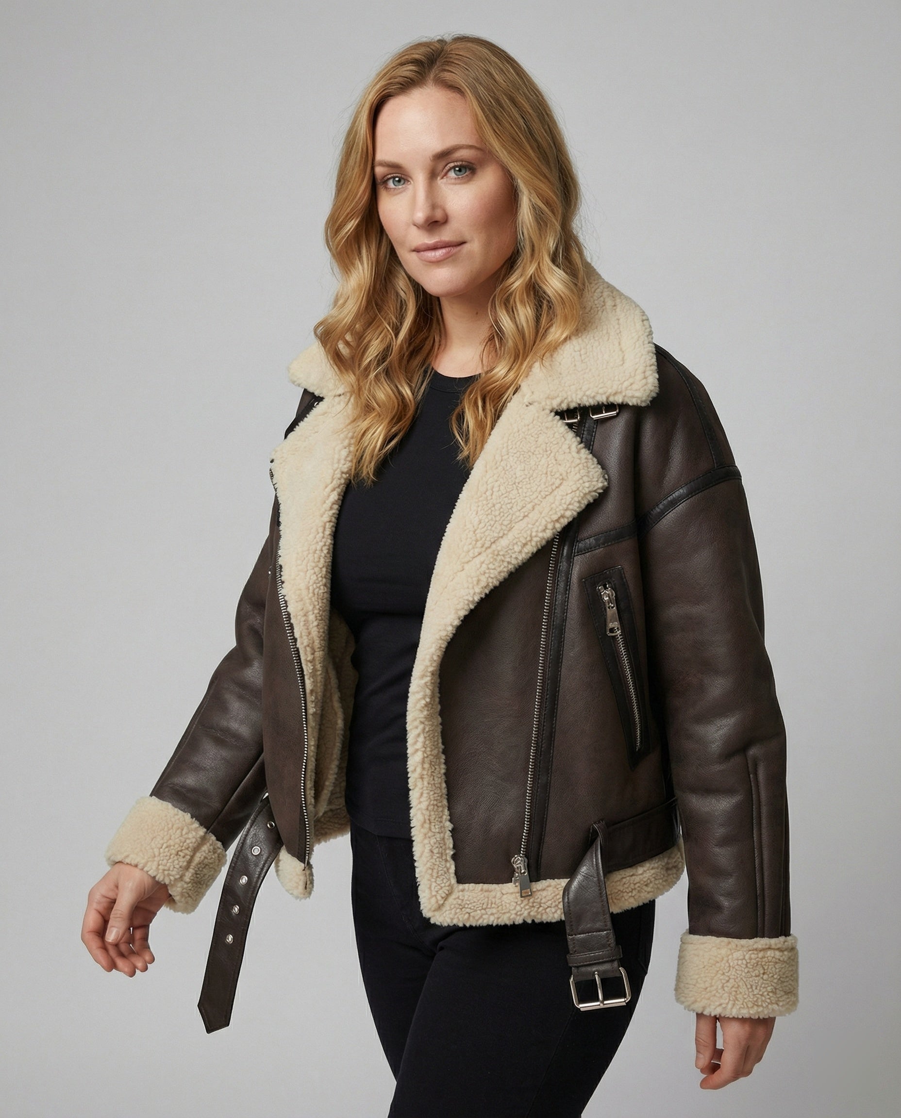 Damen Lederjacke Lang Teddyfutter Gürtel Schwarz - Norvielle
