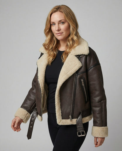 Damen Lederjacke Lang Teddyfutter Gürtel Schwarz - Norvielle