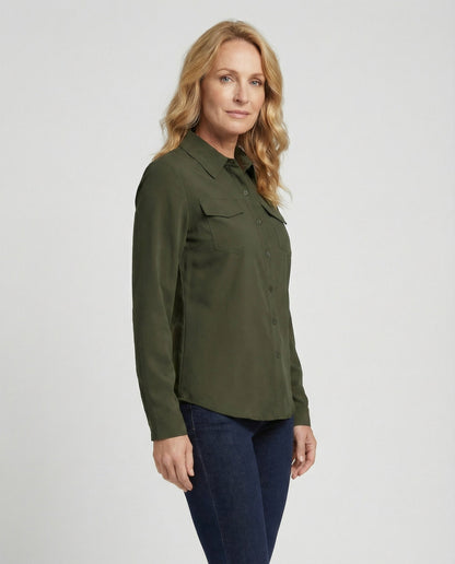 Damen Bluse Langarm Baumwolle Mit Brusttaschen - Norvielle