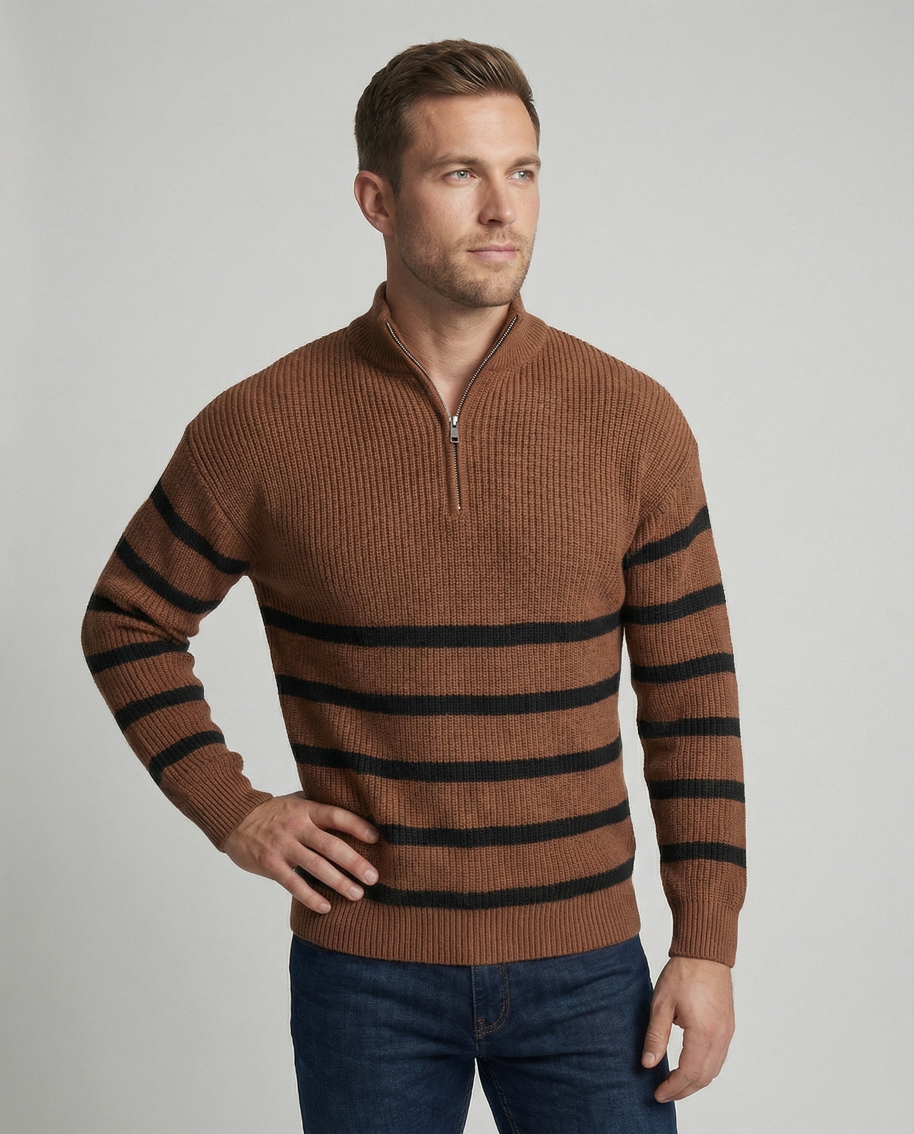 Herren Strickpullover Gestreift Mit Halbreißverschluss - Norvielle
