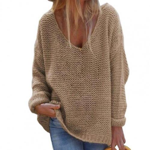 Weicher Damen Strickpullover Oversized V-Ausschnitt Langärmlig Warm