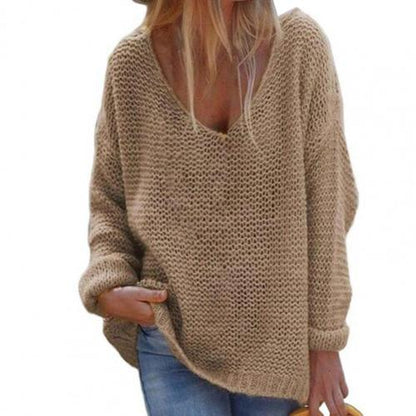 Weicher Damen Strickpullover Oversized V-Ausschnitt Langärmlig Warm