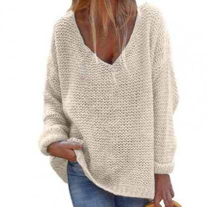 Weicher Damen Strickpullover Oversized V-Ausschnitt Langärmlig Warm