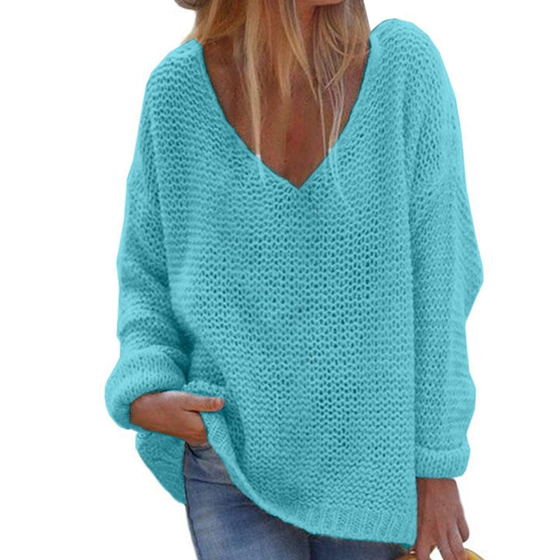 Weicher Damen Strickpullover Oversized V-Ausschnitt Langärmlig Warm