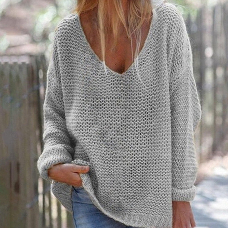 Weicher Damen Strickpullover Oversized V-Ausschnitt Langärmlig Warm