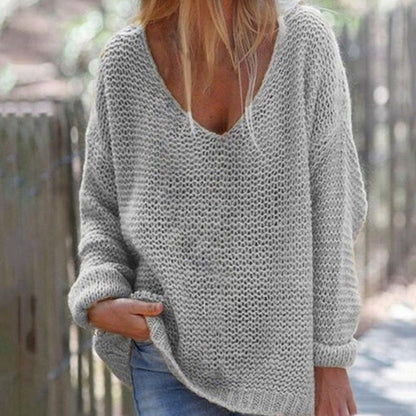 Weicher Damen Strickpullover Oversized V-Ausschnitt Langärmlig Warm