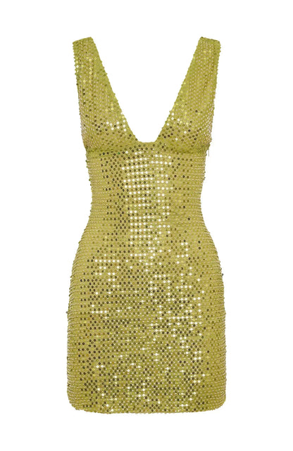 Goldenes Minikleid mit Pailletten Tiefes V