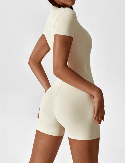 Damen Jumpsuit Kurzarm Nahtlos Reißverschluss