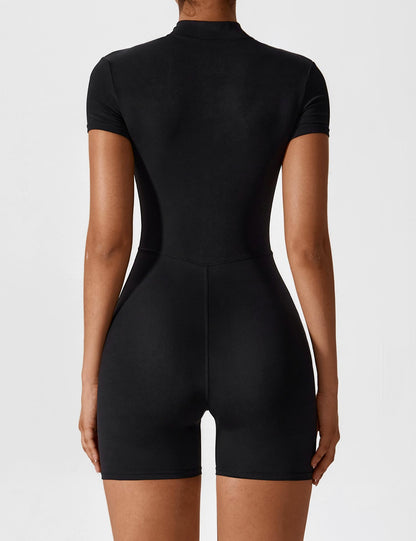Damen Jumpsuit Kurzarm Nahtlos Reißverschluss