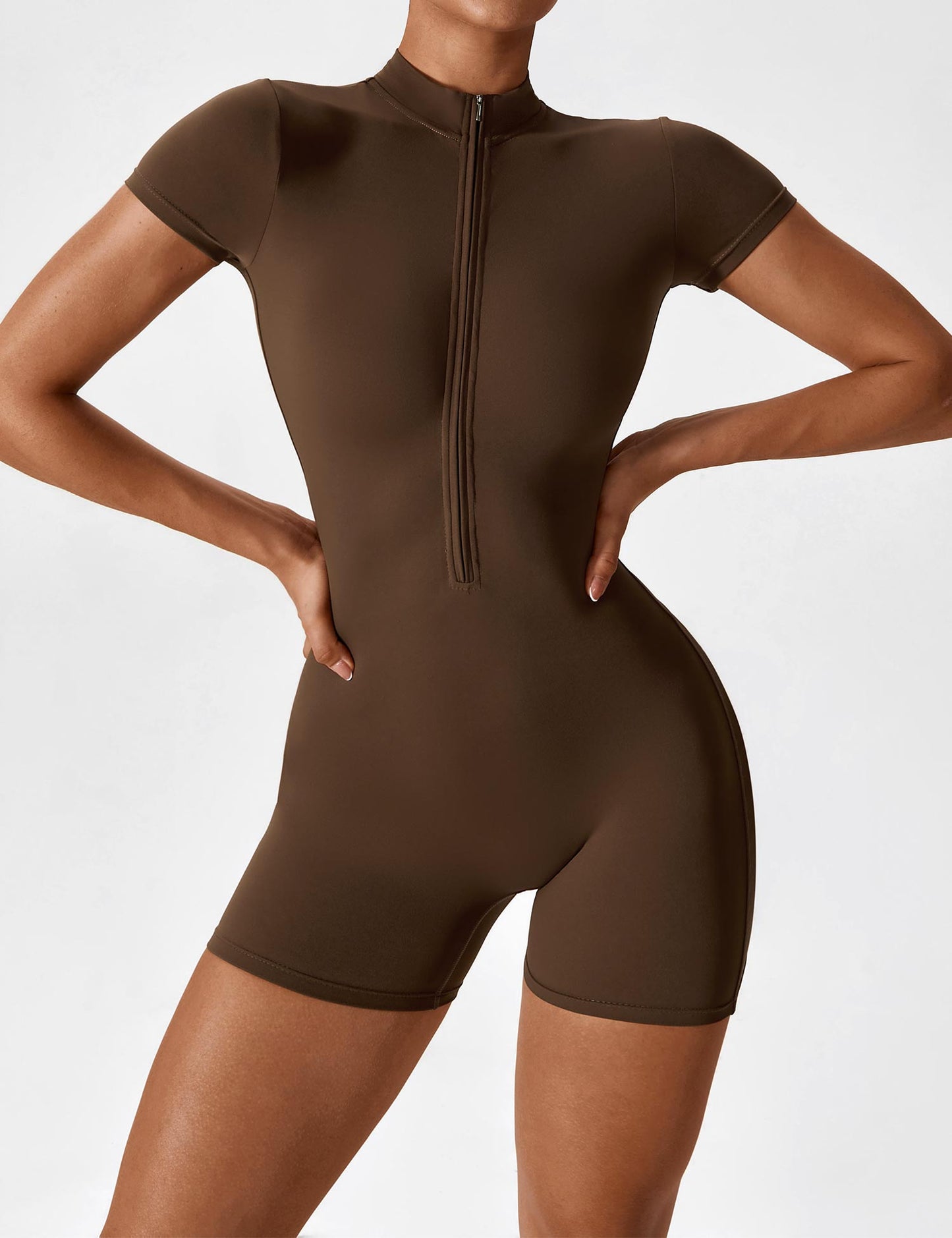 Damen Jumpsuit Kurzarm Nahtlos Reißverschluss